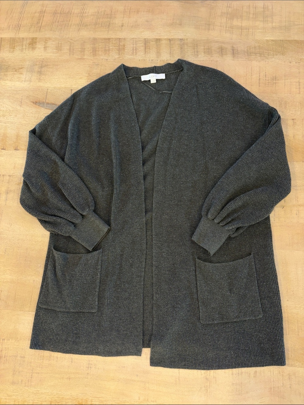 LOFT Open Front Balloon-Sleeve Cardigan with Pockets Comfy Large Olive Green